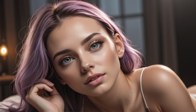 1girl,solo,long hair,looking at viewer,closed mouth,underwear,green eyes,pink hair,purple hair,lying,parted lips,indoors,bra,blurry,lips,grey eyes,eyelashes,makeup,depth of field,blurry background,on side,portrait,freckles,realistic,nose,mascara,teeth,artist name,window,bed,on bed,on stomach,close-up,forehead