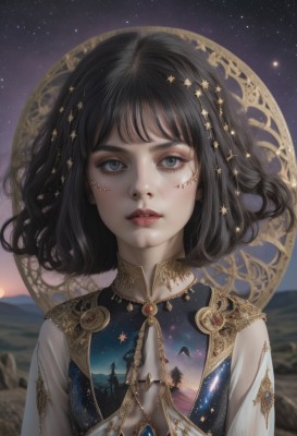 1girl,solo,looking at viewer,short hair,bangs,blue eyes,black hair,hair ornament,dress,jewelry,upper body,outdoors,parted lips,sky,artist name,medium hair,necklace,star (symbol),blurry,lips,see-through,grey eyes,eyelashes,makeup,night,blurry background,watermark,moon,ring,own hands together,gem,star (sky),night sky,starry sky,gold trim,mountain,realistic,nose,red lips,straight-on,mascara,constellation,teeth,portrait