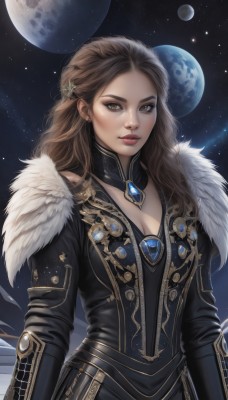 1girl,solo,long hair,breasts,looking at viewer,brown hair,hair ornament,long sleeves,dress,cleavage,brown eyes,jewelry,medium breasts,closed mouth,upper body,earrings,sky,artist name,star (symbol),black dress,lips,fur trim,makeup,watermark,wavy hair,moon,gem,star (sky),starry sky,realistic,nose,space,planet,earth (planet)