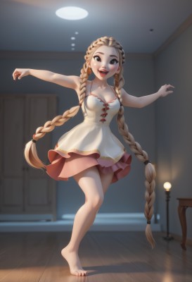 1girl,solo,long hair,breasts,looking at viewer,blush,smile,open mouth,blue eyes,blonde hair,brown hair,dress,cleavage,bare shoulders,twintails,jewelry,medium breasts,very long hair,standing,collarbone,full body,braid,:d,earrings,barefoot,teeth,sleeveless,artist name,indoors,nail polish,white dress,blurry,twin braids,feet,bare arms,bare legs,makeup,toes,sleeveless dress,upper teeth only,table,happy,outstretched arms,red nails,toenails,wooden floor,door,toenail polish,red lips,lamp,dancing,tiptoes,mole,lips,blurry background,shadow,lipstick,ceiling,ceiling light