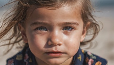 1girl,solo,looking at viewer,short hair,blue eyes,brown hair,closed mouth,parted lips,blurry,lips,grey eyes,floating hair,depth of field,blurry background,floral print,wind,portrait,close-up,realistic,nose,blonde hair,shirt,eyelashes,expressionless,freckles