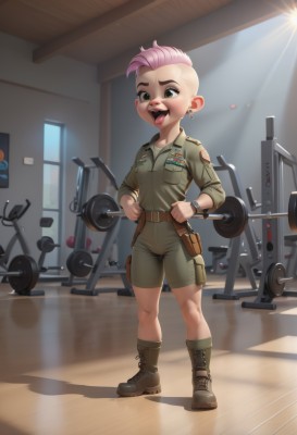 1girl,solo,breasts,smile,short hair,open mouth,shirt,brown eyes,jewelry,green eyes,standing,collarbone,full body,pink hair,earrings,boots,shorts,teeth,tongue,socks,belt,artist name,indoors,tongue out,uniform,black eyes,military,military uniform,shadow,upper teeth only,brown footwear,piercing,thick eyebrows,bike shorts,ear piercing,cross-laced footwear,pocket,watch,pouch,wristwatch,breast pocket,holster,very short hair,undercut,belt pouch,green shorts,tomboy,exercise,buck teeth,combat boots,green socks,looking at viewer,makeup,asymmetrical hair,mohawk