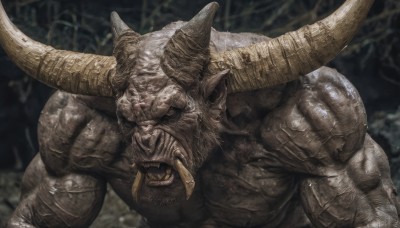 solo,open mouth,1boy,upper body,male focus,horns,teeth,pointy ears,black eyes,no humans,muscular,colored skin,fangs,scar,veins,monster,realistic,tusks,looking at viewer,artist name,signature,blurry,blurry background,sharp teeth,colored sclera,orc