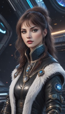 1girl,solo,long hair,breasts,looking at viewer,brown hair,brown eyes,jewelry,medium breasts,jacket,upper body,ponytail,earrings,parted lips,belt,necklace,mole,lips,coat,fur trim,makeup,lipstick,eyeshadow,freckles,science fiction,realistic,red lips,space,bangs,artist name,mole under eye,emblem