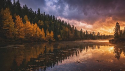 outdoors,sky,cloud,water,tree,no humans,bird,cloudy sky,nature,scenery,forest,reflection,sunset,river,evening,landscape,lake,reflective water,pine tree,signature,mountain