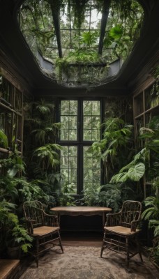 day,indoors,tree,no humans,window,leaf,chair,table,sunlight,plant,nature,scenery,wooden floor,potted plant,overgrown,green theme