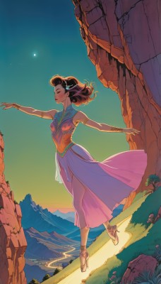 1girl,solo,breasts,blush,skirt,brown hair,hair ornament,dress,jewelry,full body,closed eyes,flower,outdoors,sky,high heels,bracelet,see-through,night,sandals,grass,outstretched arms,star (sky),armlet,rock,mountain,dancing,desert,long hair,black hair,bare shoulders,standing,earrings,small breasts,sleeveless,medium hair,leotard,tree,lips,makeup,floating hair,moon,night sky,starry sky,sunset,long skirt,crescent moon,mountainous horizon,cliff,see-through skirt,gold footwear