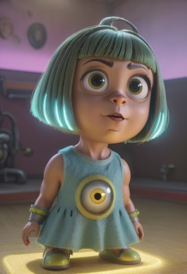 1girl,solo,looking at viewer,smile,short hair,open mouth,bangs,dress,brown eyes,jewelry,standing,full body,yellow eyes,ahoge,parted lips,green hair,shoes,sleeveless,indoors,blunt bangs,blurry,flat chest,bracelet,lips,sleeveless dress,blurry background,blue dress,bob cut,wristband,child,freckles,arms at sides,female child,yellow footwear,bowl cut,green eyes,nail polish,realistic