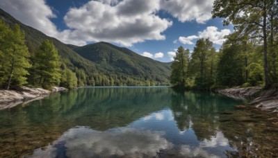 outdoors,sky,day,cloud,water,tree,blue sky,no humans,cloudy sky,grass,nature,scenery,forest,reflection,mountain,river,landscape,lake,reflective water