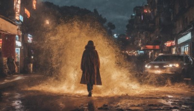 solo,1boy,standing,male focus,outdoors,sky,hood,from behind,tree,coat,night,ground vehicle,building,star (sky),night sky,scenery,motor vehicle,smoke,walking,city,car,road,brown coat,lamppost,street,1girl,1other,rain,sign,facing away,light,dark,ambiguous gender,traffic light,crosswalk