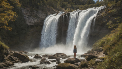 1girl, solo, long hair, brown hair, standing, outdoors, day, water, bag, from behind, tree, backpack, nature, scenery, forest, rock, wide shot, river, waterfall