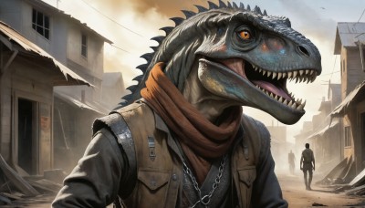 HQ,open mouth,shirt,1boy,jewelry,jacket,male focus,outdoors,multiple boys,sky,teeth,tongue,cloud,necklace,scarf,vest,orange eyes,chain,animal,cloudy sky,sharp teeth,building,monster,city,ruins,power lines,dinosaur,day,1other,realistic,giant,kaijuu