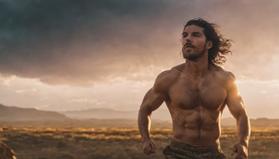 solo,short hair,black hair,1boy,navel,nipples,upper body,male focus,outdoors,sky,belt,cloud,medium hair,stomach,blurry,black eyes,looking to the side,muscular,blurry background,facial hair,scar,abs,cloudy sky,pectorals,muscular male,wind,bara,beard,topless male,mature male,realistic,chest hair,arm hair,dark skin,backlighting,large pectorals,sunset,hairy,sunrise