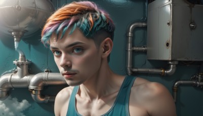 1girl,solo,looking at viewer,short hair,blue eyes,brown hair,bare shoulders,blue hair,collarbone,upper body,pink hair,multicolored hair,orange hair,two-tone hair,lips,shadow,tank top,smoke,freckles,science fiction,realistic,nose,very short hair,undercut,1boy,closed mouth,male focus,artist name,portrait,cyborg,blue tank top