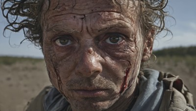 solo,looking at viewer,short hair,brown hair,1boy,brown eyes,closed mouth,male focus,outdoors,sky,day,blurry,blue sky,lips,blood,blurry background,backpack,messy hair,portrait,close-up,blood on face,realistic,dirty,black hair,bag,facial hair,wind,beard,stubble