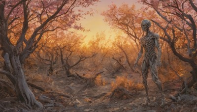 solo,holding,standing,weapon,outdoors,sword,holding weapon,tree,no humans,leaf,fire,nature,scenery,forest,science fiction,sunset,branch,autumn leaves,skeleton,bare tree,autumn,burning,sky,bird,sunlight,1other,monster,sun