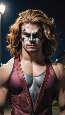 solo,long hair,breasts,looking at viewer,blonde hair,brown hair,1boy,bare shoulders,brown eyes,closed mouth,collarbone,upper body,male focus,sleeveless,blurry,vest,lips,mask,muscular,night,blurry background,facial hair,tank top,muscular male,beard,zipper,curly hair,realistic,nose,unzipped,manly,superhero,domino mask,sunglasses,angry,veins,lamppost,chest hair