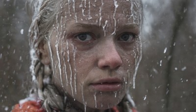 1girl,solo,looking at viewer,blonde hair,closed mouth,braid,outdoors,blurry,black eyes,lips,grey eyes,blurry background,portrait,snow,snowing,realistic,nose,winter,white hair,grey hair,close-up,freckles,rain