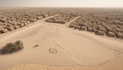 monochrome,outdoors,tree,no humans,beach,building,scenery,city,sand,road,cityscape,river,landscape,brown theme,desert,sky,plant,palm tree,sepia,skyscraper,shore