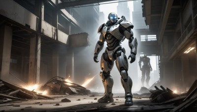 HQ,1boy,standing,weapon,multiple boys,solo focus,2boys,armor,gun,military,glowing,helmet,robot,building,mecha,science fiction,city,realistic,ruins,multiple others,damaged,open hands,power armor,debris,rubble,power suit,blue eyes,no humans,window,ground vehicle,glowing eyes,motor vehicle,military vehicle,car,dust,truck