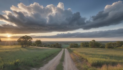 outdoors,sky,day,cloud,water,tree,blue sky,no humans,sunlight,cloudy sky,grass,nature,scenery,forest,sunset,mountain,sun,horizon,road,field,river,landscape,mountainous horizon,sunrise,hill,ocean,bush,path