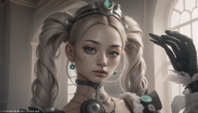 1girl,solo,long hair,looking at viewer,blonde hair,gloves,twintails,jewelry,collarbone,braid,earrings,choker,black gloves,artist name,indoors,hand up,necklace,blurry,lips,grey eyes,fur trim,window,blurry background,watermark,crown,gem,portrait,web address,freckles,realistic,blue eyes,hair ornament,parted lips,twin braids,makeup,facial mark,feathers,forehead,backlighting,nose,mascara