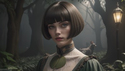 1girl,solo,looking at viewer,short hair,bangs,blue eyes,brown hair,black hair,dress,upper body,outdoors,parted lips,artist name,blunt bangs,mole,blurry,tree,lips,grey eyes,eyelashes,mole under eye,makeup,animal,leaf,watermark,bob cut,plant,lipstick,portrait,nature,web address,forest,realistic,nose,red lips,lamppost,jewelry,night,bird,bush,animal on shoulder,squirrel