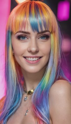 1girl,solo,long hair,breasts,looking at viewer,smile,bangs,blue eyes,blonde hair,cleavage,bare shoulders,jewelry,medium breasts,blue hair,upper body,pink hair,multicolored hair,earrings,teeth,necklace,grin,two-tone hair,lips,eyelashes,makeup,portrait,eyeshadow,freckles,realistic,nose,choker,orange hair,piercing,pink background,mascara,rainbow hair