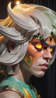 1girl,solo,looking at viewer,short hair,bangs,shirt,bare shoulders,yellow eyes,white hair,grey hair,parted lips,teeth,shiny,artist name,shiny hair,from side,lips,orange eyes,glowing,gem,portrait,glowing eyes,nose,green shirt,red lips,blonde hair,closed mouth,multicolored hair,sleeveless,dark skin,dark-skinned female,eyelashes,profile,makeup,black background,facepaint