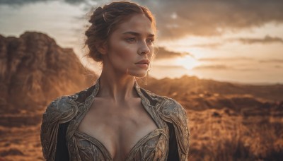 1girl,solo,breasts,short hair,brown hair,cleavage,brown eyes,medium breasts,collarbone,upper body,outdoors,sky,cloud,armor,blurry,lips,looking to the side,depth of field,blurry background,looking away,shoulder armor,curly hair,pauldrons,sunset,mountain,realistic,nose,looking afar,dress,closed mouth,sunlight,cloudy sky,backlighting,freckles,gold trim,updo