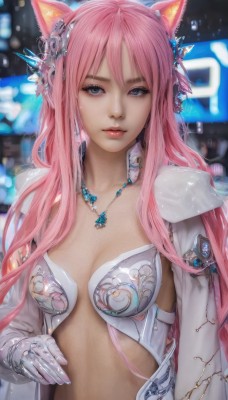 1girl,solo,long hair,breasts,looking at viewer,blue eyes,hair ornament,gloves,navel,animal ears,cleavage,jewelry,medium breasts,upper body,pink hair,cat ears,white gloves,necklace,cape,armor,blurry,lips,grey eyes,blurry background,realistic,bangs,closed mouth,artist name,signature,makeup,ring,shoulder armor,breasts apart,eyeshadow,bikini armor