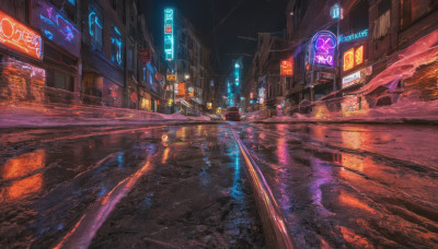 outdoors, sky, dutch angle, no humans, night, building, scenery, reflection, rain, city, sign, road, cityscape, lamppost, street, road sign, city lights, neon lights, crosswalk