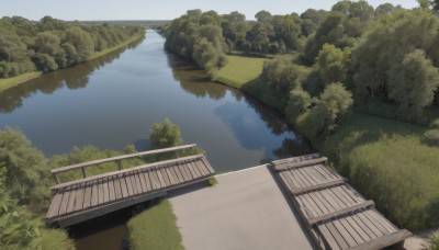 outdoors,sky,day,water,tree,blue sky,no humans,grass,building,nature,scenery,forest,road,bush,house,bridge,river,reflection,landscape,lake