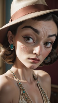 1girl,solo,breasts,looking at viewer,short hair,brown hair,black hair,hat,dress,cleavage,bare shoulders,brown eyes,jewelry,closed mouth,collarbone,upper body,earrings,small breasts,necklace,white dress,blurry,lips,eyelashes,blood,makeup,blurry background,white headwear,portrait,freckles,veins,sun hat,blood on face,realistic,nose,red lips,gem