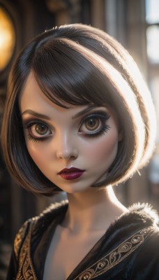 1girl,solo,looking at viewer,short hair,bangs,brown hair,black hair,brown eyes,closed mouth,collarbone,upper body,parted lips,artist name,blurry,lips,fur trim,eyelashes,makeup,depth of field,blurry background,swept bangs,bob cut,lipstick,portrait,close-up,eyeshadow,realistic,nose,red lips,eyeliner,mascara,cleavage,backlighting