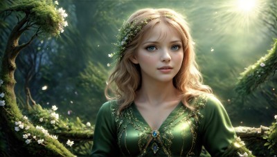 HQ,1girl,solo,long hair,breasts,looking at viewer,blue eyes,blonde hair,hair ornament,dress,jewelry,collarbone,upper body,flower,outdoors,parted lips,teeth,puffy sleeves,artist name,tree,lips,petals,leaf,sunlight,plant,gem,nature,forest,freckles,green dress,light rays,realistic,nose,head wreath,cleavage,medium breasts