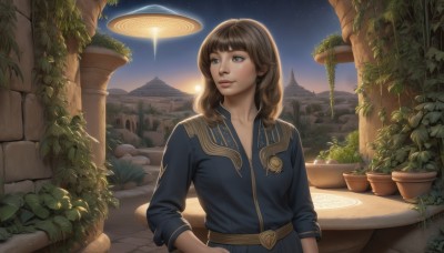 1girl,solo,long hair,smile,bangs,blue eyes,brown hair,long sleeves,brown eyes,jewelry,closed mouth,standing,upper body,earrings,outdoors,sky,belt,medium hair,lips,looking to the side,night,looking away,blue shirt,plant,building,star (sky),night sky,scenery,starry sky,nose,fantasy,potted plant,looking afar,pillar,column,collarbone,blunt bangs,hand on hip,vines,planet,arch,ivy