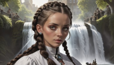 1girl,long hair,looking at viewer,brown hair,brown eyes,jewelry,closed mouth,upper body,braid,earrings,outdoors,multiple boys,solo focus,day,dark skin,water,necklace,twin braids,tree,lips,building,portrait,freckles,6+boys,realistic,nose,stud earrings,waterfall,fountain,multiple braids,multiple girls,gem,river