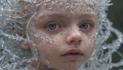 1girl,solo,looking at viewer,short hair,brown eyes,closed mouth,water,blurry,lips,portrait,close-up,realistic,nose,eyelashes,freckles