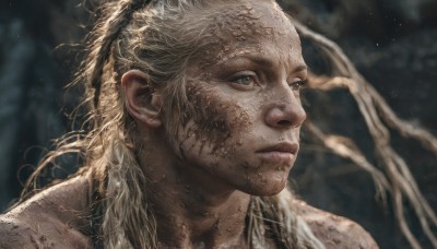 1girl,solo,long hair,blue eyes,blonde hair,1boy,closed mouth,ponytail,male focus,blurry,lips,grey eyes,blurry background,looking away,portrait,realistic,dirty,dirty face,facial hair,close-up,looking afar