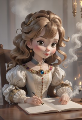 1girl,solo,long hair,looking at viewer,blush,smile,bangs,brown hair,hair ornament,long sleeves,dress,holding,brown eyes,jewelry,sitting,closed mouth,upper body,earrings,frills,choker,puffy sleeves,indoors,necklace,white dress,blurry,lips,book,makeup,wavy hair,chair,table,juliet sleeves,brooch,gem,puffy long sleeves,smoke,freckles,open book,pen,candle,pencil,frilled choker,frilled collar,writing,hair bun,eyelashes,depth of field,blurry background,single hair bun,frilled sleeves,lace trim,lace,nose,red lips,candlestand