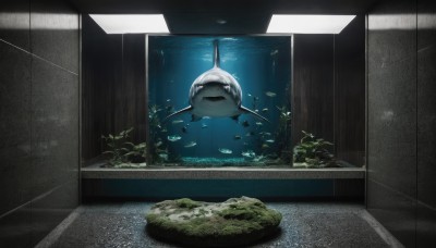 indoors,water,no humans,window,animal,plant,scenery,fish,bubble,underwater,air bubble,shark,whale,open mouth,teeth,sharp teeth,tiles,tile floor,swimming,ceiling light,aquarium,seaweed