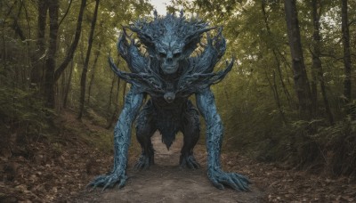 solo,looking at viewer,outdoors,horns,teeth,tree,no humans,colored skin,all fours,nature,scenery,claws,forest,monster,blue skin,extra eyes,standing,full body,day,facing viewer