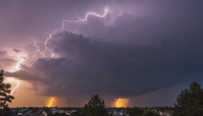 outdoors,sky,cloud,signature,tree,no humans,cloudy sky,grass,building,nature,scenery,forest,sunset,mountain,electricity,house,lightning,night,fire,landscape