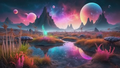 outdoors,sky,cloud,water,tree,no humans,night,moon,grass,star (sky),night sky,scenery,starry sky,reflection,rock,mountain,fantasy,crescent moon,planet,landscape,mountainous horizon,purple sky,aurora,reflective water