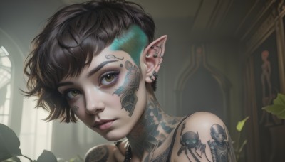 1girl,solo,looking at viewer,short hair,brown hair,black hair,bare shoulders,brown eyes,jewelry,closed mouth,yellow eyes,earrings,pointy ears,indoors,necklace,lips,eyelashes,tattoo,makeup,leaf,piercing,elf,ear piercing,portrait,eyeshadow,freckles,nose,arm tattoo,very short hair,mascara,neck tattoo,bangs,multicolored hair,green hair,skull,asymmetrical hair,realistic,facepaint,undercut,facial tattoo,mohawk,full-body tattoo,eyebrow piercing