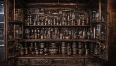 indoors,cup,no humans,window,bottle,scenery,clock,shelf,jar,steampunk,weighing scale,loaded interior,night,fantasy,bar (place),counter