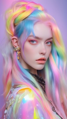 1girl,solo,long hair,looking at viewer,blue eyes,blonde hair,simple background,jewelry,closed mouth,blue hair,upper body,pink hair,multicolored hair,earrings,parted lips,necklace,from side,two-tone hair,lips,streaked hair,eyelashes,gradient hair,makeup,piercing,lipstick,ear piercing,portrait,multicolored clothes,eyeshadow,purple background,multicolored eyes,realistic,nose,eyeliner,rainbow,colorful,mascara,rainbow gradient,rainbow hair,hair ornament,grey eyes,aqua hair,forehead,freckles