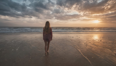 1girl, solo, long hair, brown hair, standing, outdoors, sky, barefoot, cloud, water, from behind, dutch angle, ocean, beach, cloudy sky, scenery, wading, walking, sunset, sand, sun, horizon, facing away, footprints