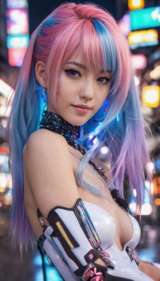 1girl,solo,long hair,breasts,looking at viewer,smile,bangs,blue eyes,cleavage,bare shoulders,jewelry,medium breasts,closed mouth,blue hair,upper body,pink hair,multicolored hair,earrings,small breasts,choker,elbow gloves,blurry,two-tone hair,lips,grey eyes,depth of field,blurry background,science fiction,realistic,nose,cyberpunk,collar,from side,streaked hair